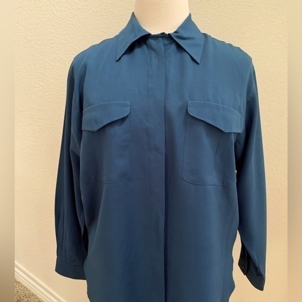 Fred David, size 16 blue, long sleeve blouse